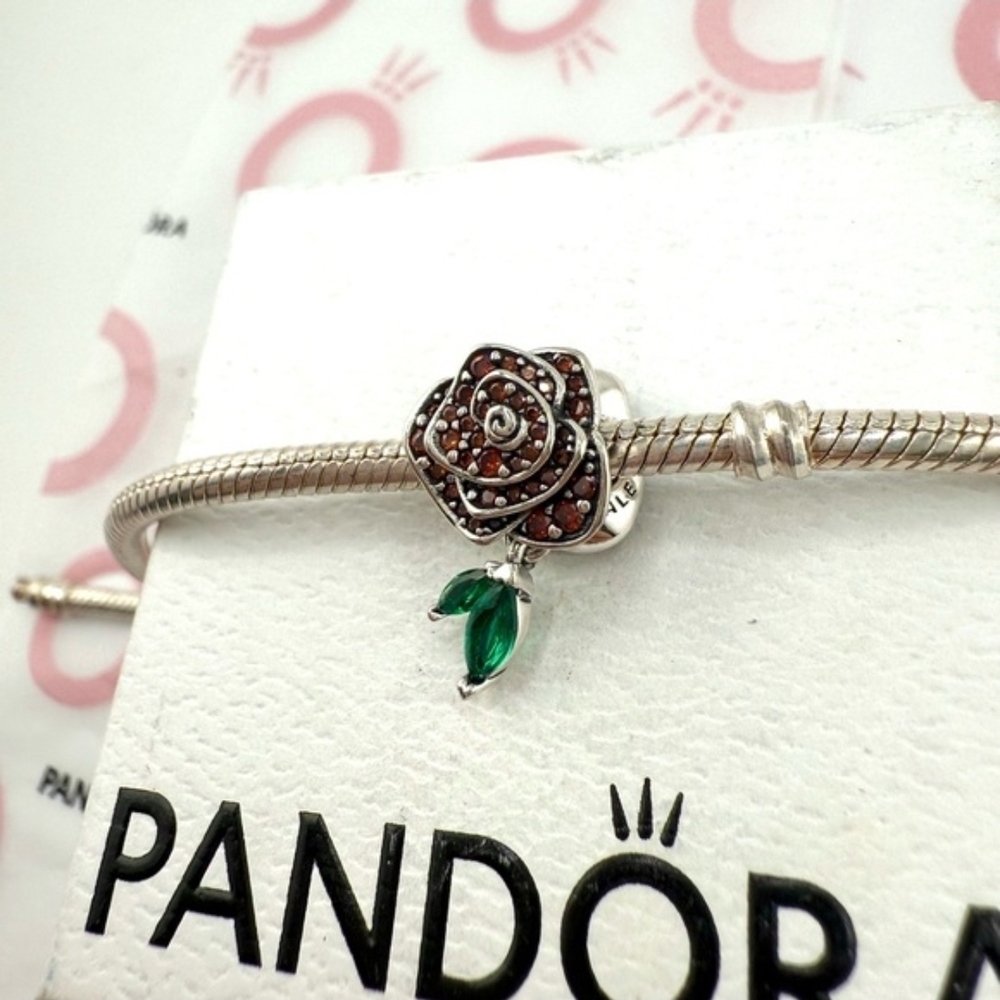 Pandora Silver Bracelet with Red Rose and Green Leaf Charm